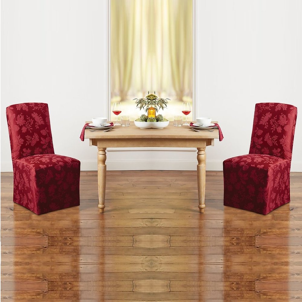 two new WINE color Autumn Medley Damask Chair Covers for Dining Room Chairs